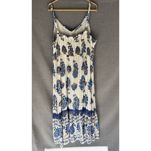 Me 2 Magic Maxi Dress 3X White Blue Gold Boho Embroidered Tassel Fringe Paisley - Picture 5 of 8